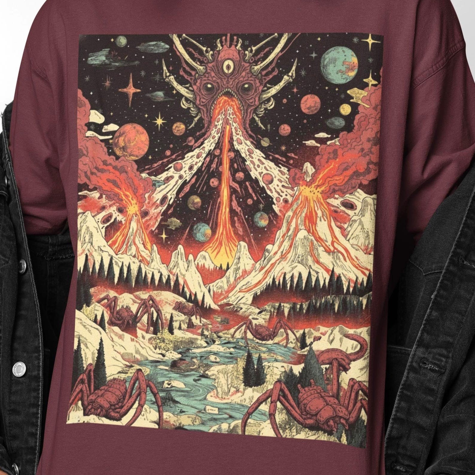 Apocalyptic Volcano Eruption Shirt | Surreal Horror Graphic Tee | Monster Shirt Men | Cosmic Horror Nightmare Art 4XL