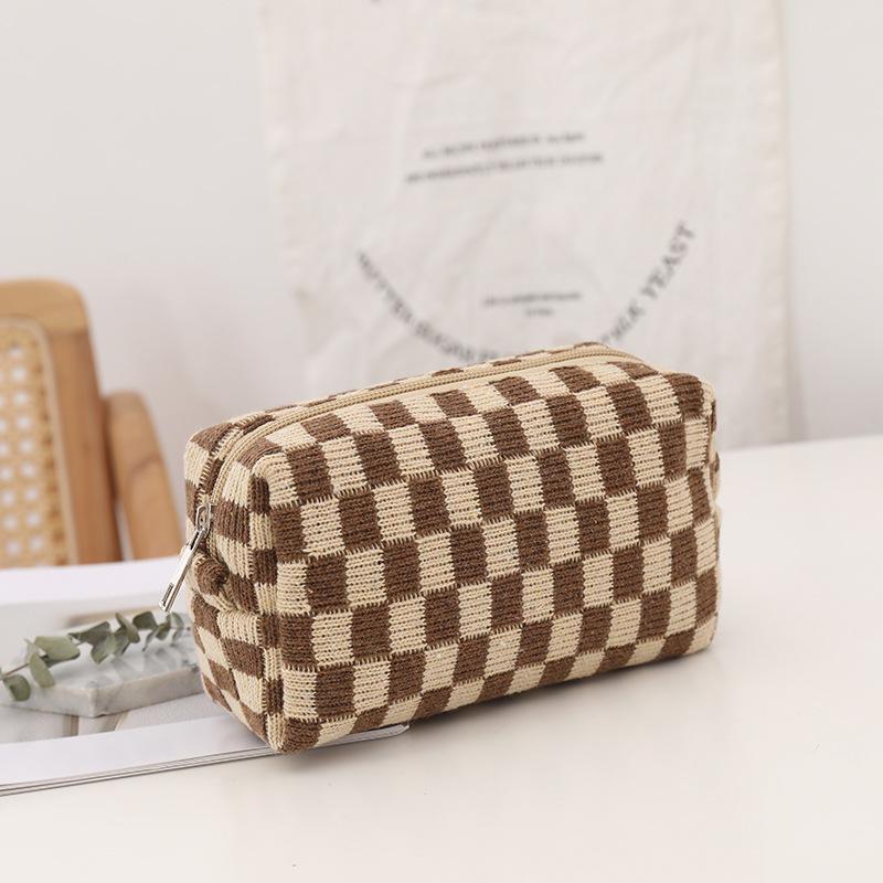 Korean Plaid Knit Makeup & Pencil Storage Bag - Large Capacity Organizer
