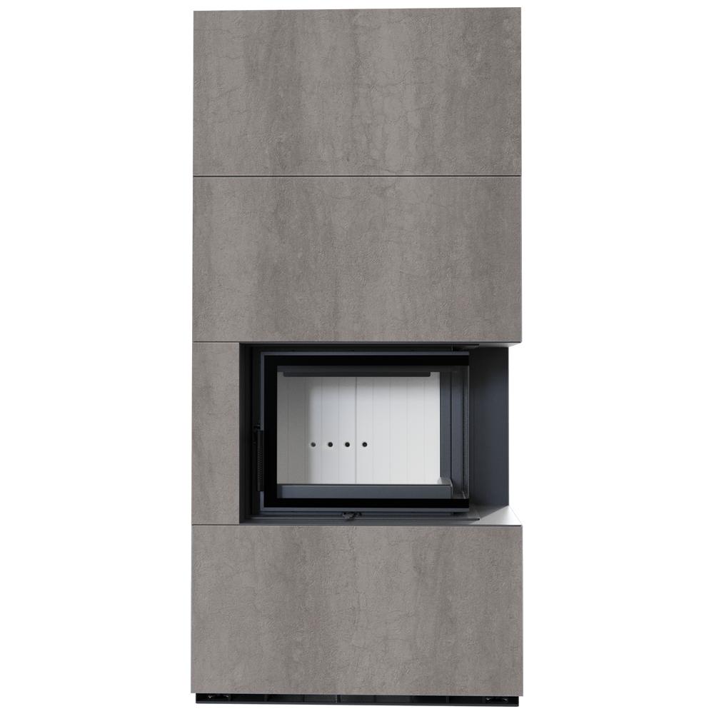 Modular fireplace KRATKI FLOKI BOX right 8 kW Ø 160 quartz sinter NATURALI PIETRA DI SAVOIA GRIGIA BOCCIARDATA