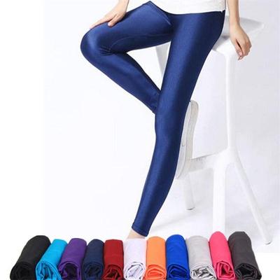 Pantalones de Color liso color caramelo para mujer, mallas informales con elasticidad brillante, parte inferior hasta el tobillo de LICRA fluorescente