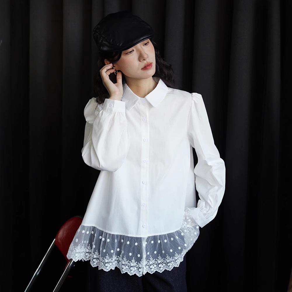 2025 Spring French White Lace Patchwork Shirt - Korean Style Retro Slimming Loose Long-Sleeved Women's Top