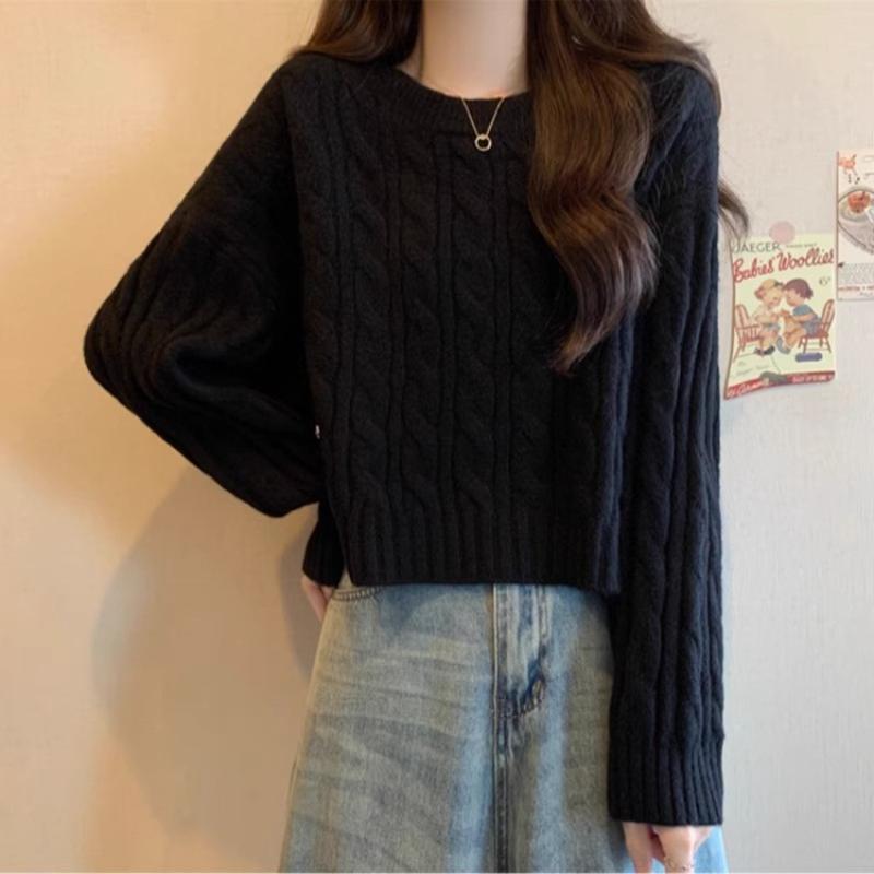 Women's Sage Green Cable Knit Crop Sweater Loose-fit Crew Neck Casual Knitted Top