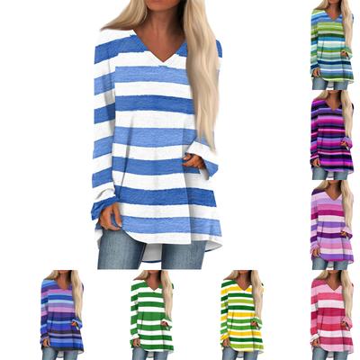 Women's Fashionable Casual Long,Sleeved Striped Print V,Neck Mid,Length Top