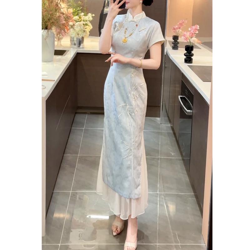 

Zhuxian 2026 S/S New Chinese Ink Wash Jacquard Embroidered Dress - Waist-Cinched, Short Sleeve, Trendy Long Skirt for Women Small синий