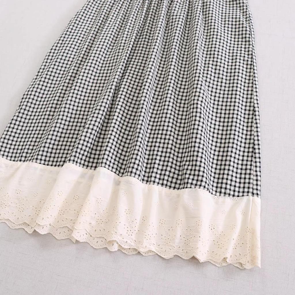 Sweet Mori Girl Plaid Embroidered Lace Sleeveless Vest Dress with Front and Back Ties