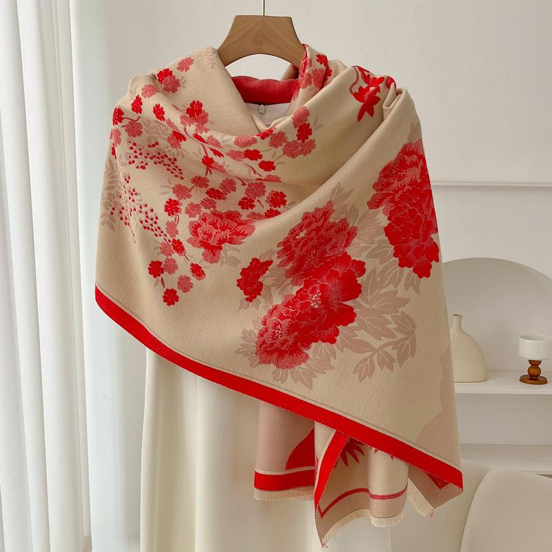 Luksusmerke Cashmere Kvinner Blomstret Skjerf Vinter Varmt Sjal og Wrap Bandana Pashmina Kvinne Foulard Firkantet Tykk Teppe Poncho