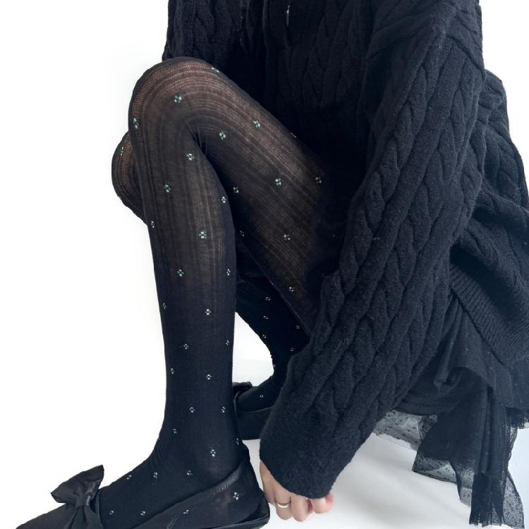 Women's Ribbed Cotton Tights with Flower Pattern High Elasticity Warmth Semi Opaque Pantyhose Slimming Leggings Hosiery
