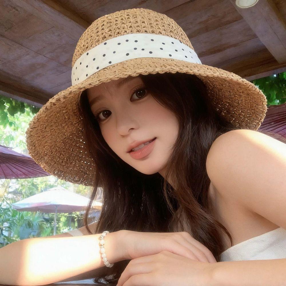 Polka Dot Woven Hat Sun Protection Sunscreen Hat Fashion Sunshade Hat  Seaside Beach