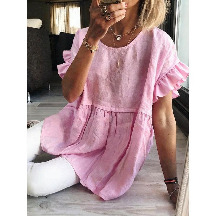 2026 New Women's Summer Solid Color Round Neck Short Sleeve Ruched Top T-Shirt