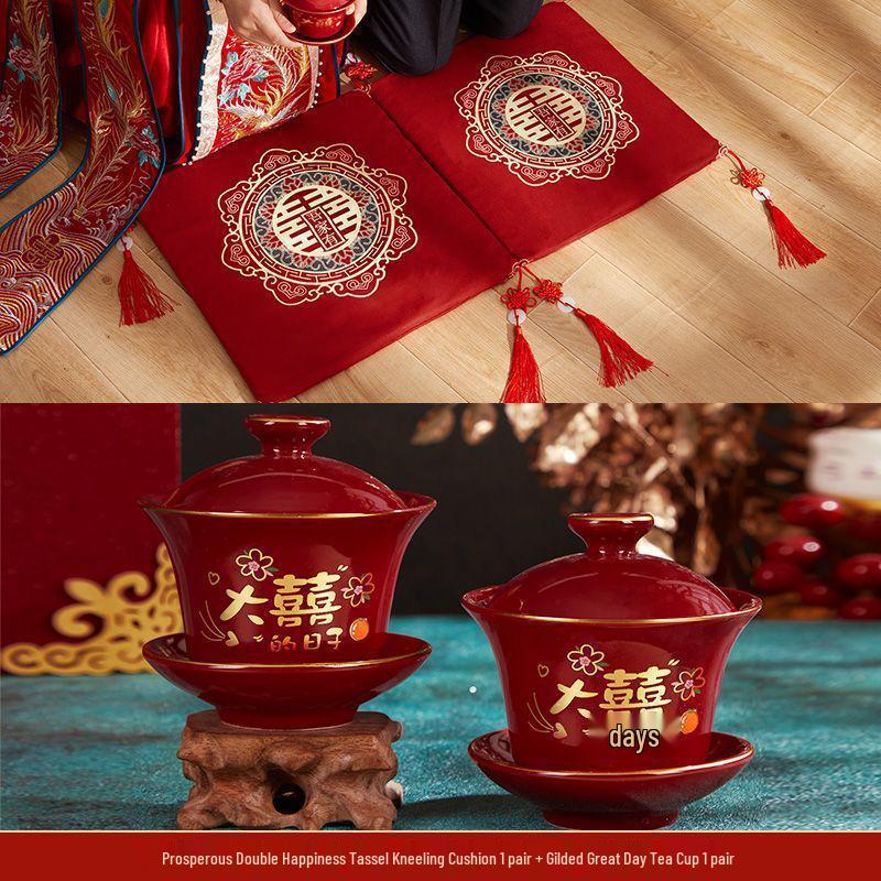 Double Happiness Wedding Kneeling Pad Set - Bride Tea Ceremony Cushions for Sitting and Celebration (Pair)