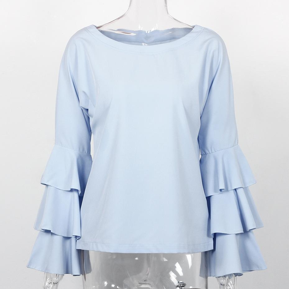 

Осенне-зимняя расклешенная шифоновая рубашка с длинными рукавами и круглым вырезом, однотонные универсальные шикарные топы S светло-синий