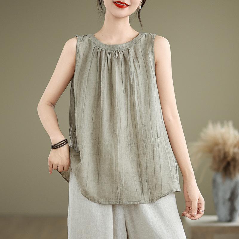 Retro Artistic Hemp Cotton-Linen Loose Women's Vest Svel Summer Faion Pleated Top Casual Versatile Outerwear
