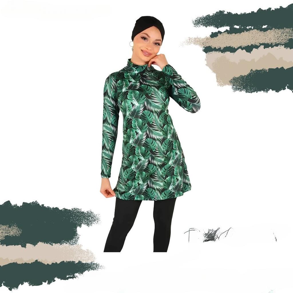 Banana Leaf Print Set Muslim Women Modest Seaside Swimwear Full Coverage Swimsuit Beachwear Burkini Swimsuit Set (Without Headscarf)