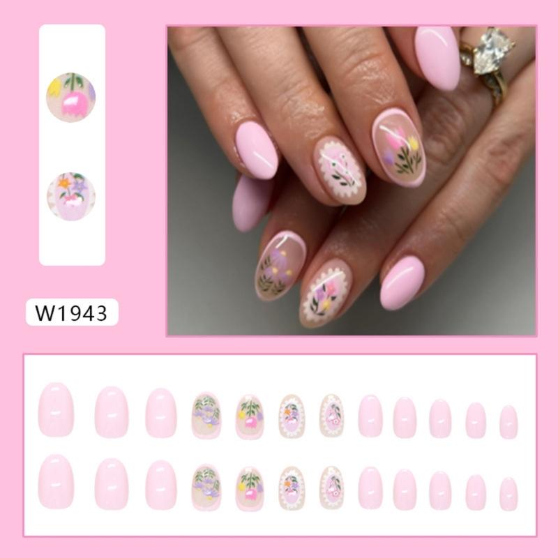 24Pcs Almond Press On Nail Flower French Fake Nail Acrylic False Nail,Artificial Nail Glues On Nail for Womens Girls
