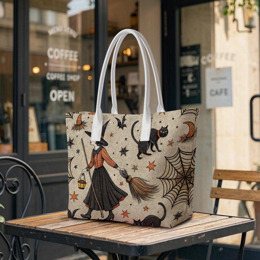 Halloween Witch Print Tote Bag Fashion Trendy Portable Daily Shopping Shoulder Purse