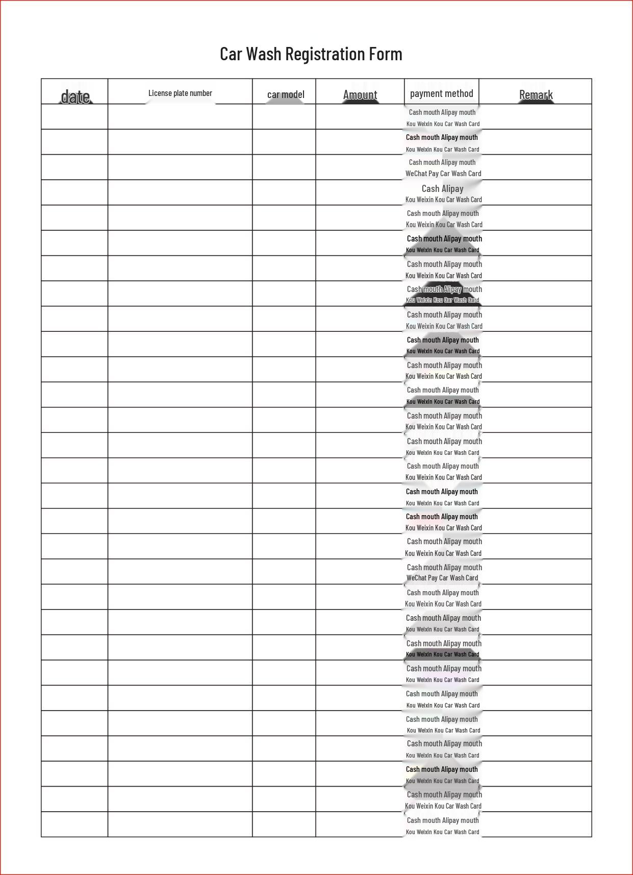 Car Dealership & Auto Beauty Shop Wash Registration Form - 4S Repair & Service Order