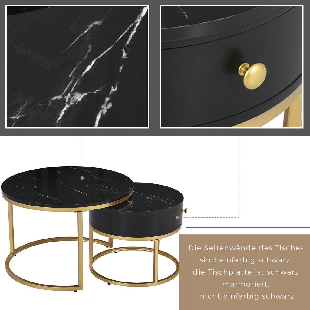 Couchtisch Rund, Satztisch 2er Set, Moderne Nesting Kaffeetisch Schublade, Gold Marmormuster, Sofatische Schlafzimmer Balkon Büro, Schwarz