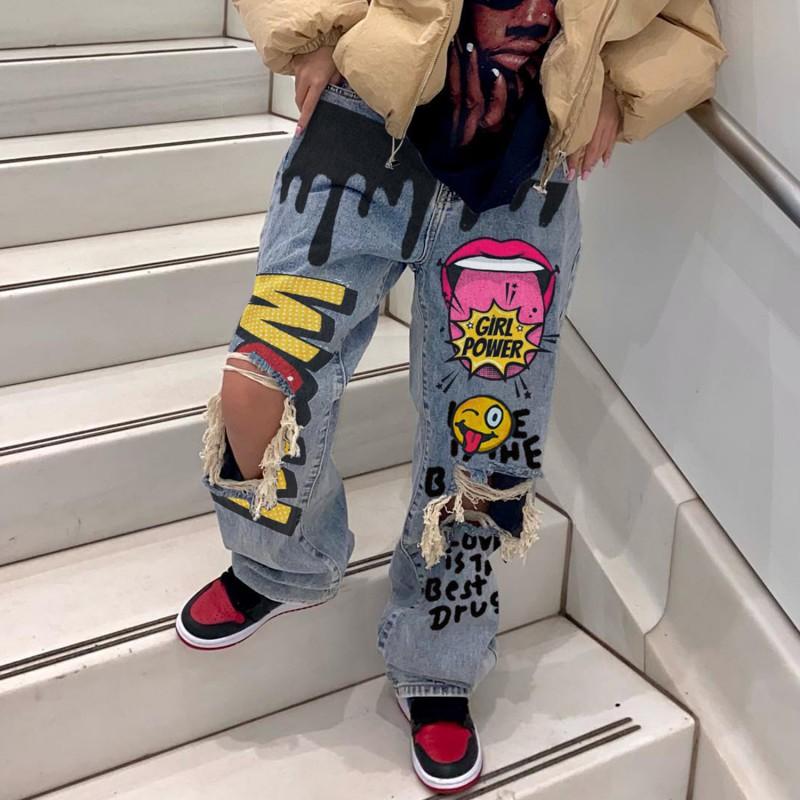 2605 Streetwear Ripped Jeans Women Multi-pocket Loose Fit Denim Trousers