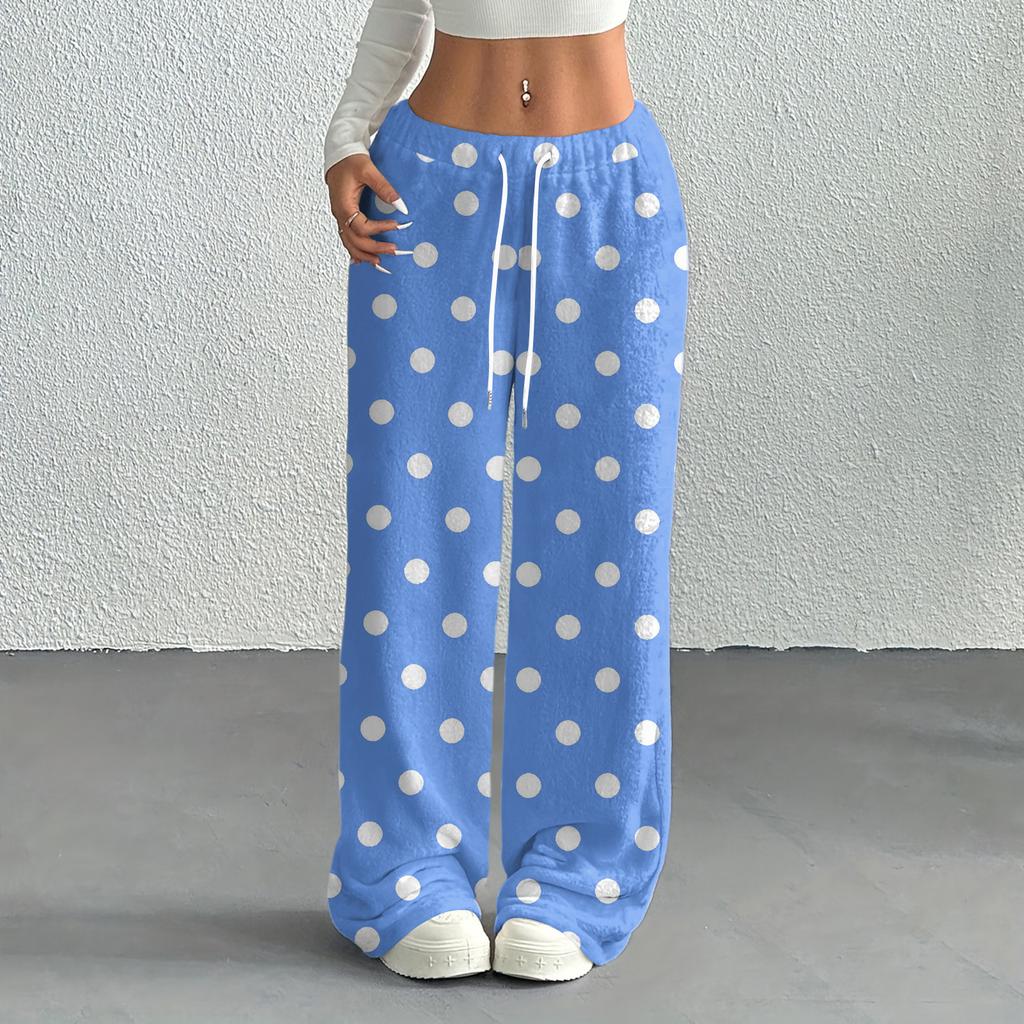 Women's Casual Fashion Printed Elastic Waist Loose Straight Leg Pants With Rope