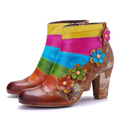 Genuine Leather Printed Short Boots Fashion Mixed Colors Flower Side Zipper Women's High Heels