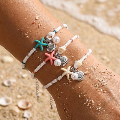 Bohemian Starfish Shell Beaded Bracelet For Women Girls Handmade Rice Beads Conch Bracelets Summer Beach Vacation Party Jewelry