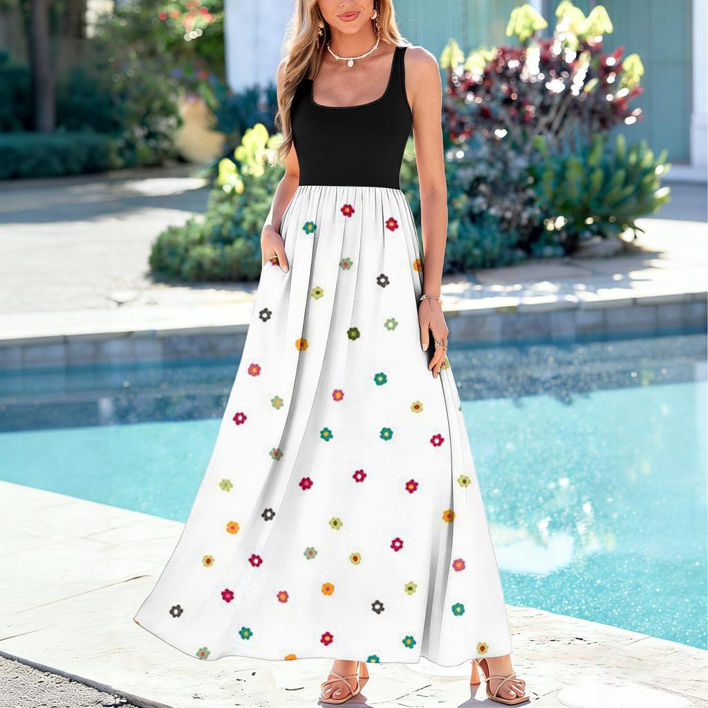 Ladies' polka dot print summer casual and fashionable sleeveless long dress