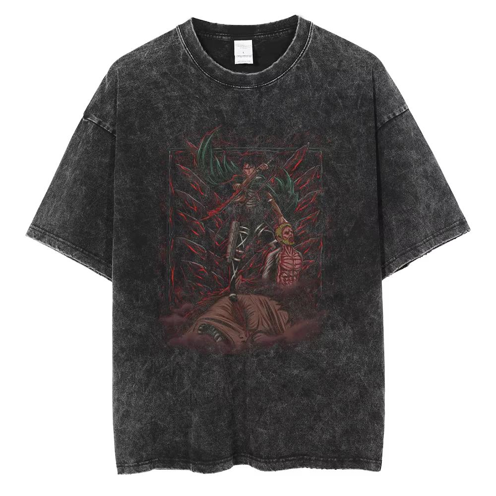 Anime Attack on Titan Levi Graphic Washed T Shirt Men Vintage Cotton T-shirts Casual Manga TShirt Harajuku Tops