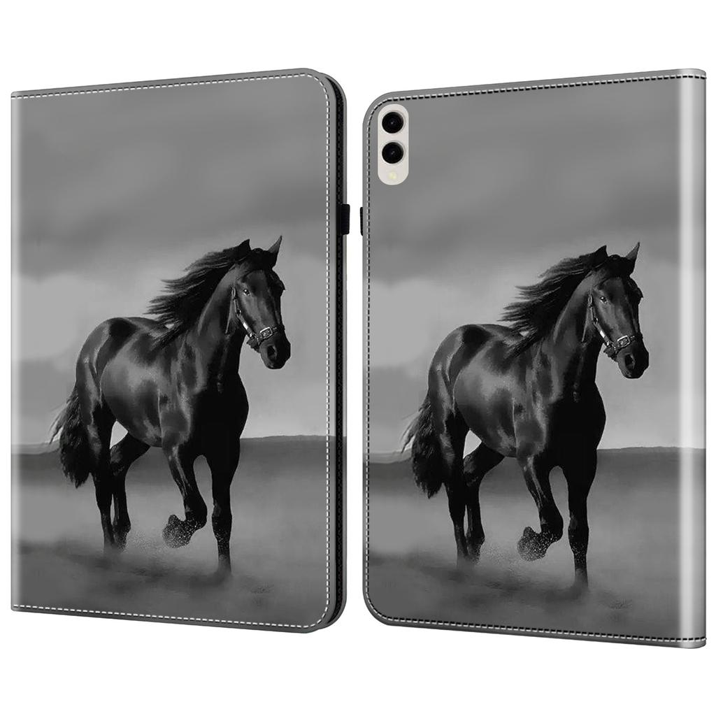For Samsung Galaxy Tab S10 Ultra/S9 Ultra Case PU Leather Card Slots Tablet Cover Pattern Print -  Black Horse