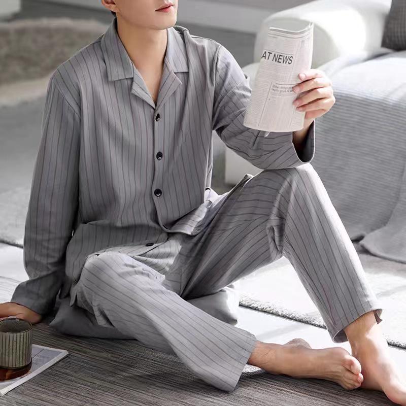 

Men s Long Sleeve Pure Cotton Pajama Set - Casual Loose Fit for Spring and Autumn XXXL