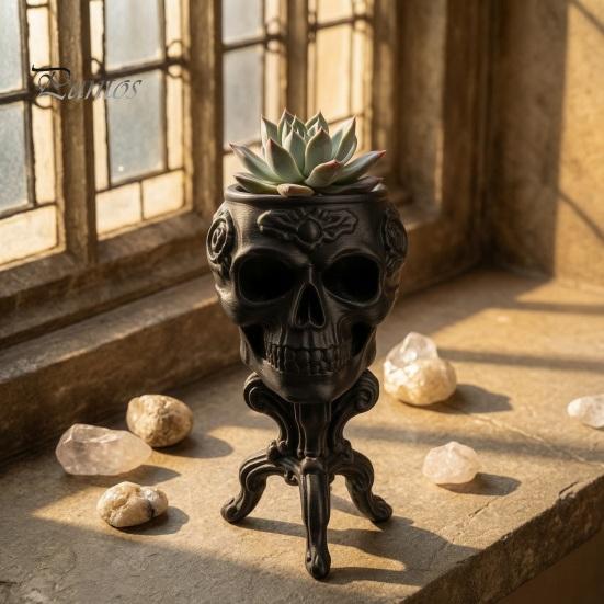 Kleiner Sukkulenten-Übertopf Mini Gothic Totenkopf Topf, 3D-gedruckter gruseliger Blumentopf, Pflanzenbehälter Behälter, Schreibtischdekoration für Halloween-Party