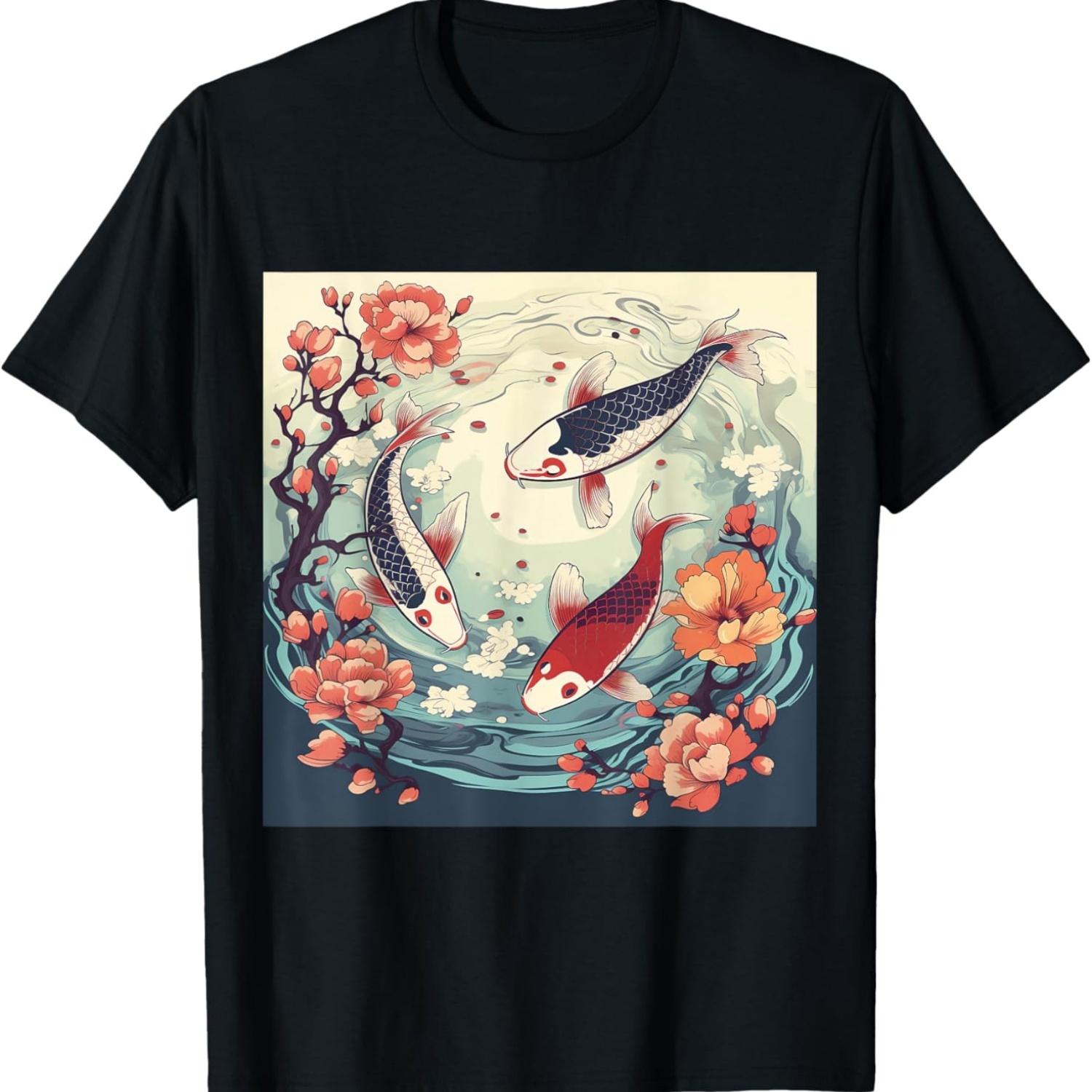 Nature s Beauty Koi Fish and Cherry Blossom  Art Pri T-Shirt S чёрный