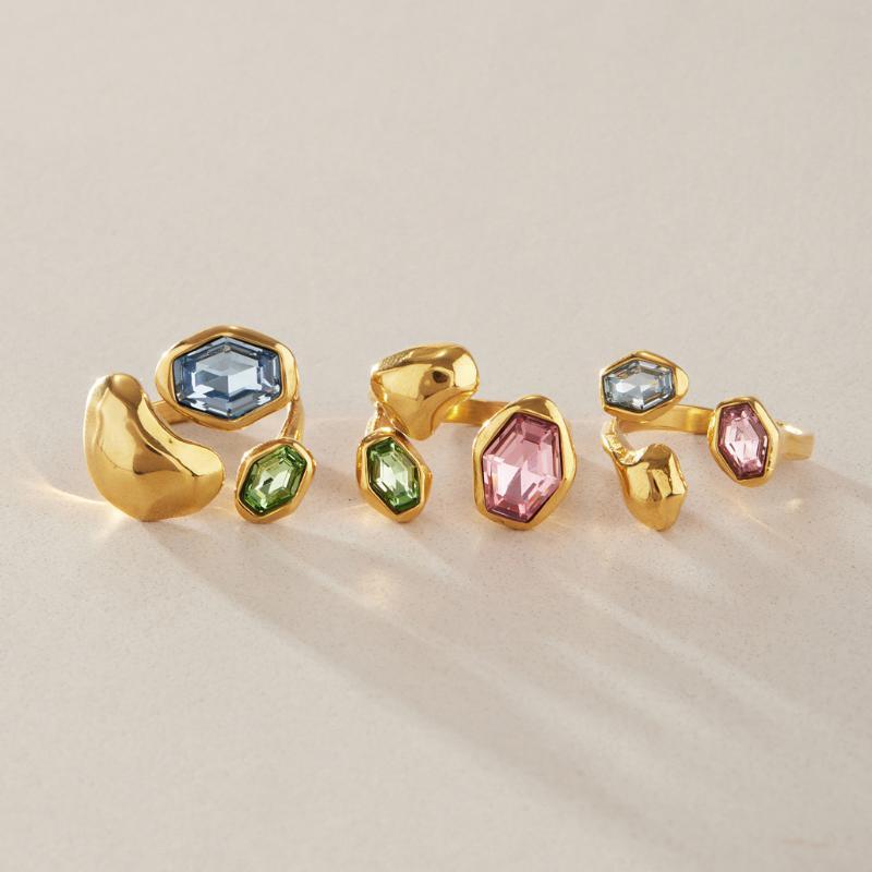 Elegant Colored Glass Open Ring for Women Stainless Steel Waterproof Non-Tarnish Jewelry for Prom Banquet Anniversary Gifts