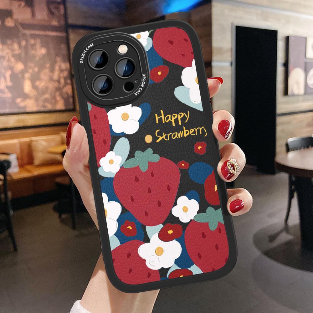 

Тонкий кожаный чехол с рисунком цветка клубники, мягкий силиконовый чехол из искусственной кожи для iPhone Samsung Huawei Honor Xiaomi Redmi OPPO Realme Vivo Vivo Y91C/Y1S чёрный