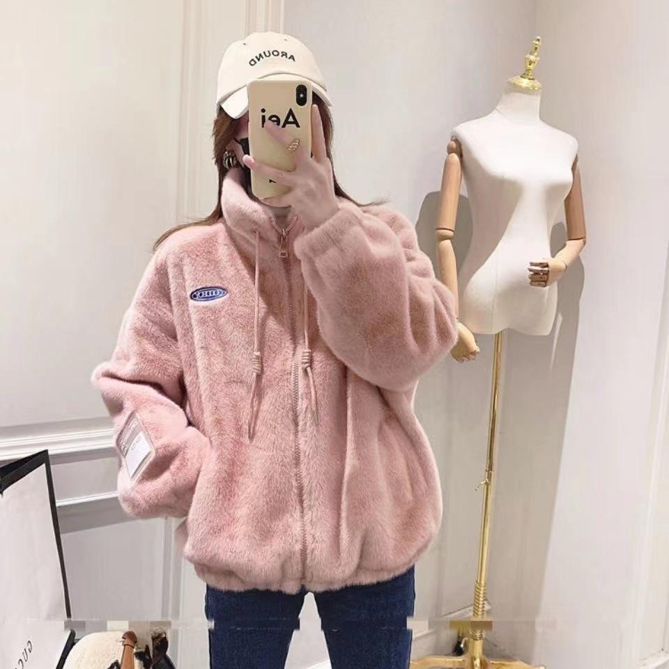 Women's Mid-Length Faux Mink Fur Plush Coat - Stand Collar, Winter Korean Style, Loose Fit.
