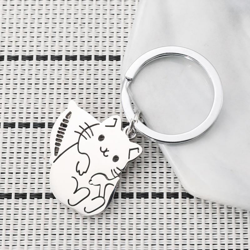 Pillow Cat Stainless Steel Keychain Cute Cartoon Kitten Design Fashion Keyring Practical Daily Backpack Pendant
