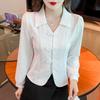 Temperament Slimming New Style Age-reducing Western Style Versatile Retro Buckle Design Chiffon Long-sleeved Top