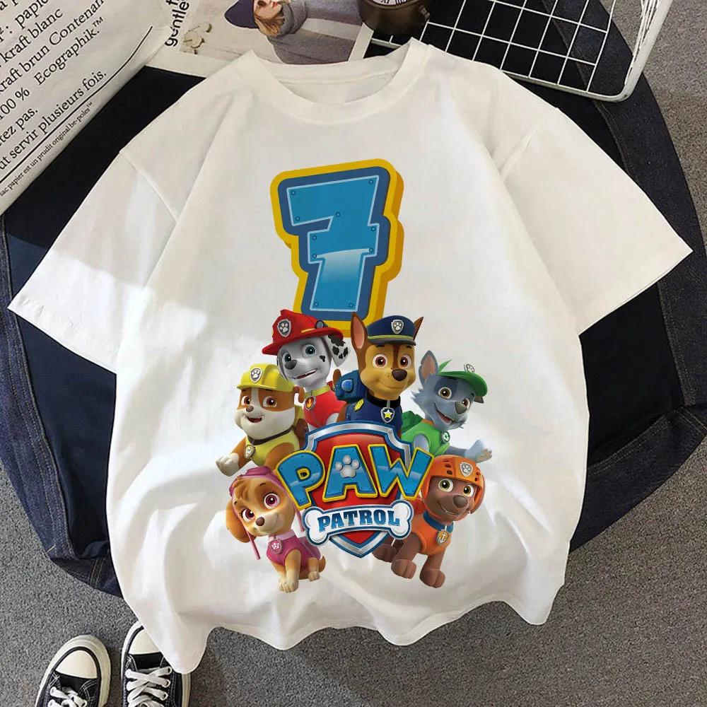 Paw Patrol Birthday Number Tee Shirt Baby Summer Cotton T Shirt Boy Girl Chase Skye Printed Kid Clothes Cartoon Letter Tops Gift
