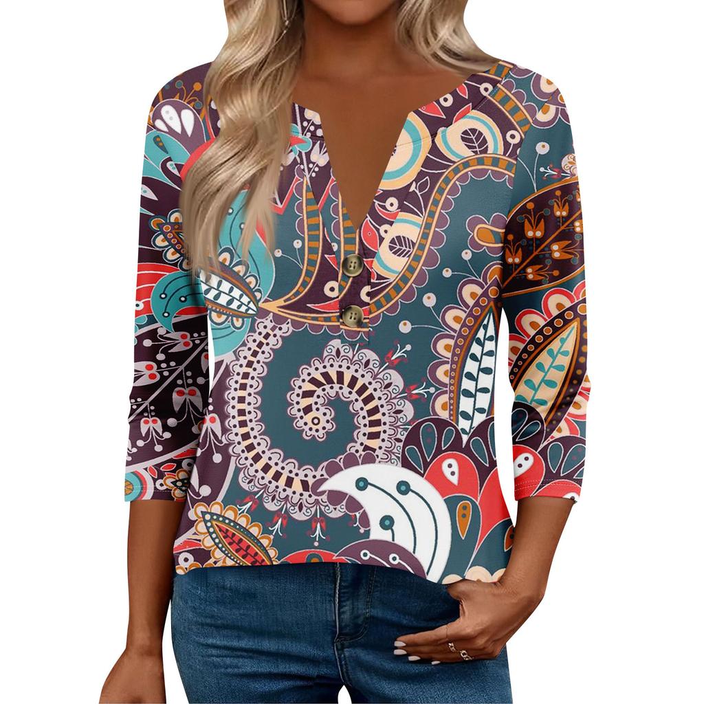 3/4 Sleeve Womens Tops For Women Henely Tops Button V Neck Loose Fit Dressy Womens Summer Tops