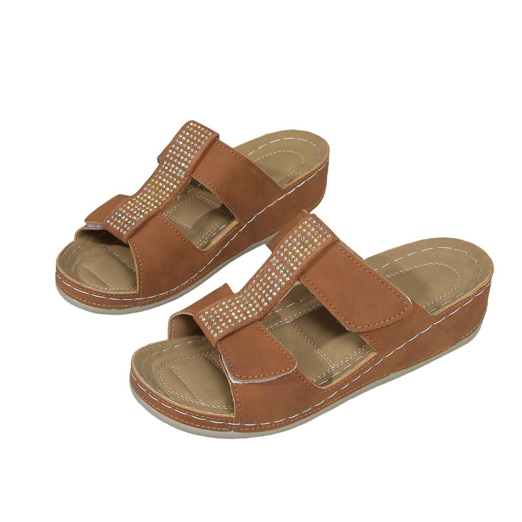 Women's Casual Wedge Slide Sandals with Adjustable Straps and Rhinestone Embellishments Comfortable Summer Footwear for Daily Wear