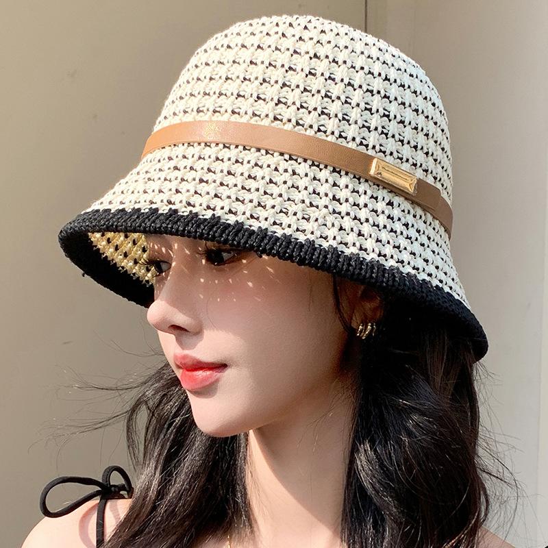 Chapéus Bucket de Temperamento da Moda Feminina de Verão Novos Chapéus Bucket Vazados Tricotados para Mulheres