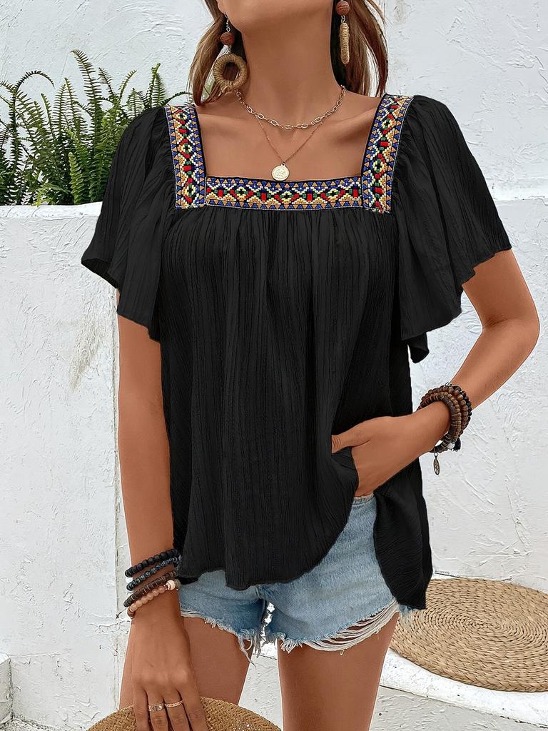 Oversized Floral Embroidery Stand Collar Shirt Set Camisole Short Sleeve Backless Top for Women