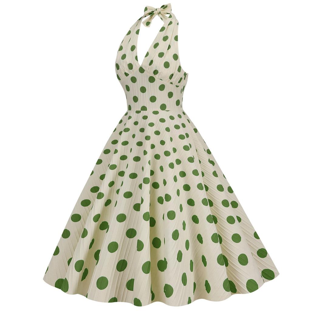 Women's Retro  High Waist Polka Dot Holiday Party Dress Neck Backless Sexy Midi Dress