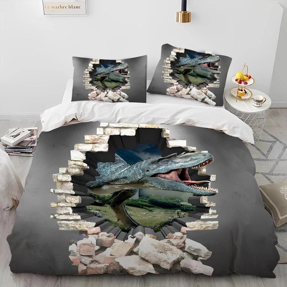3D Cartoon Dinosaur Illusion Comforter Bedding Set,Duvet Cover Bed Set Quilt Cover Pillowcase,Queen Bedding Set for Child Gift