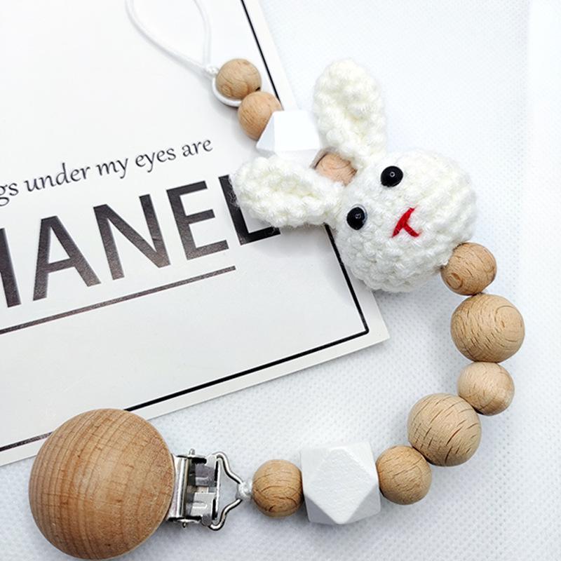 Cute Cartoon Knitted Rabbit Pacifier Clip with Beech Wood Beads