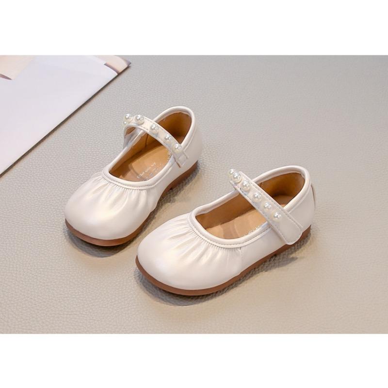 Kids Girls Solid Color Round Toe Pearl Velcro Mary Jane Princess Leather Flats