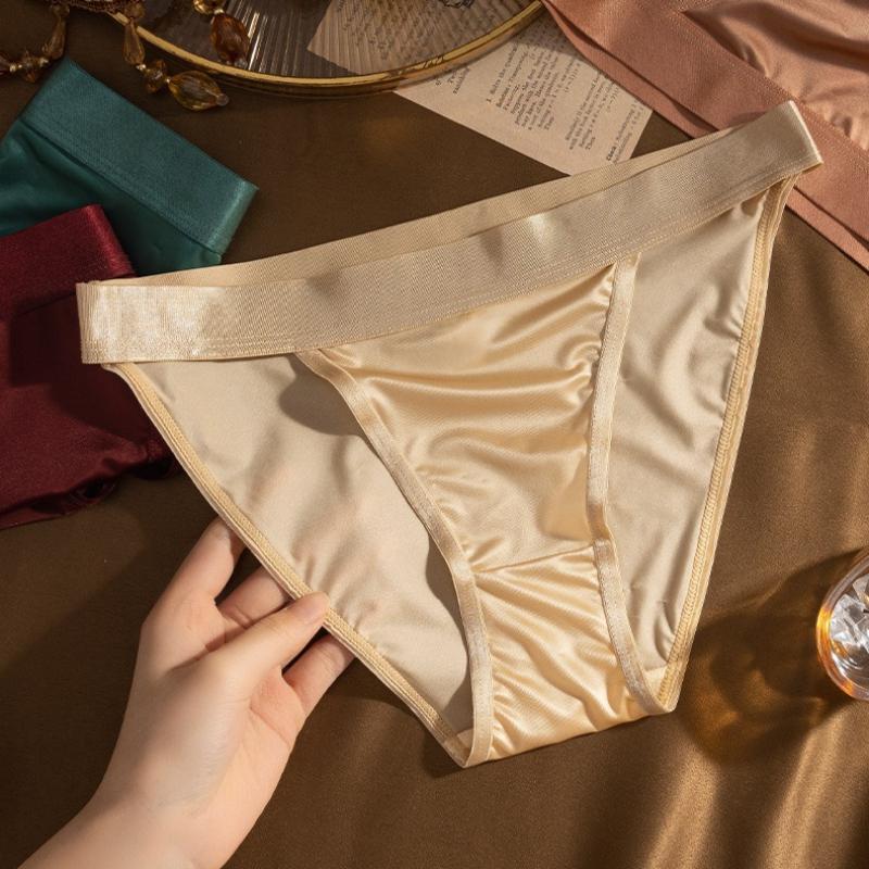 

Plus Size Women s Summer Sexy Ribbon Solid Color Satin Ice Silk Non Mark Low Waist Triangle Briefs XL тілесний