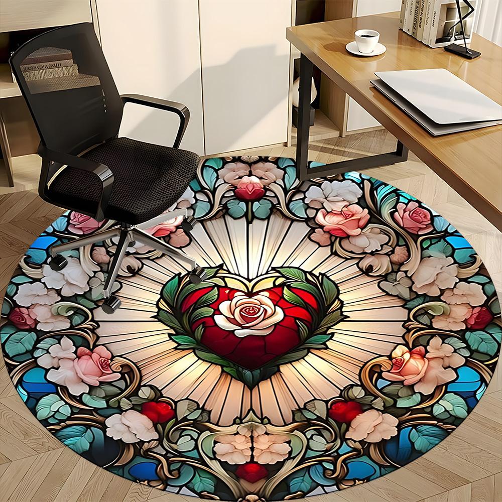 1pc Stained Glass HeartChair Carpet for Office, Indoor Non-Slip Washable Polyester Fiber Carpet, Mat For Office, Machine Washable