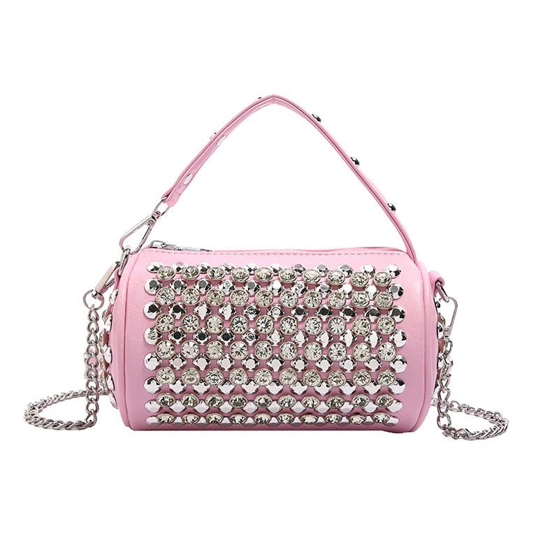 IELGY Cylindrical Female Bag with Diamond Crossbody Chain Pillow Bag
