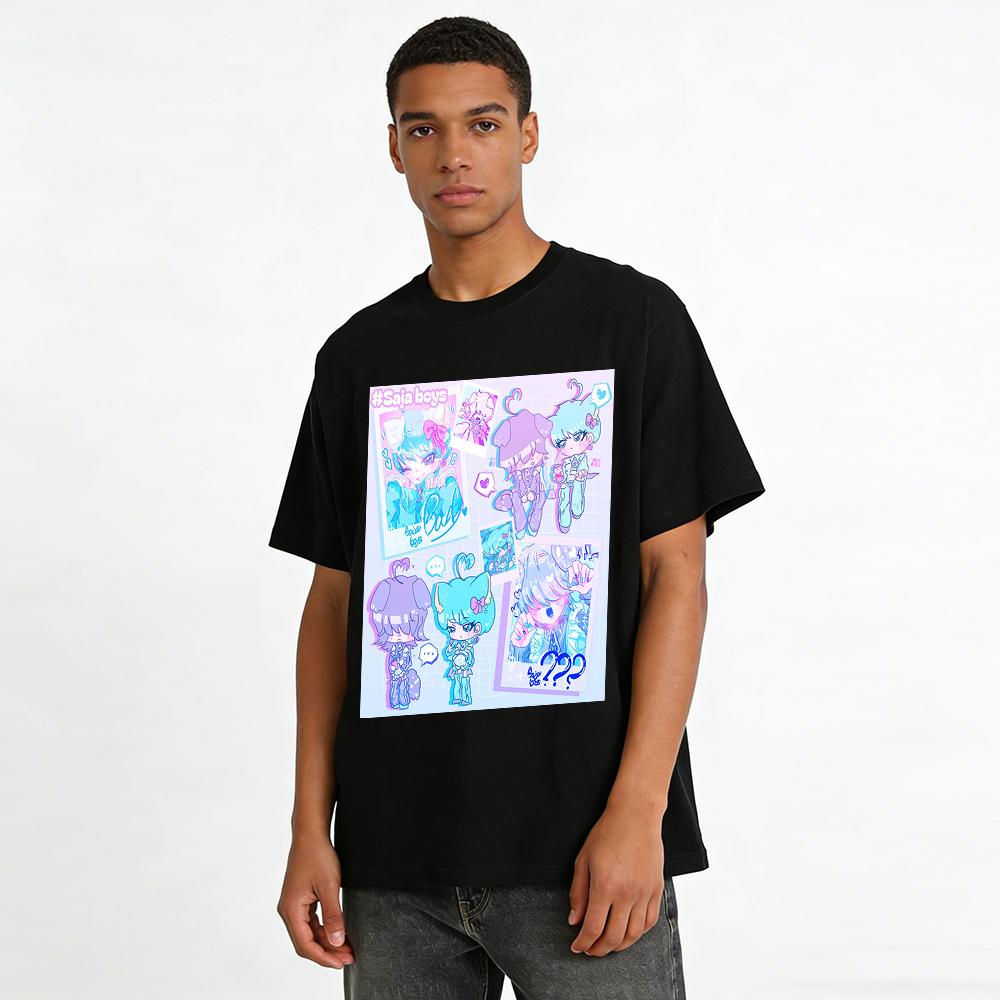 Saja Boys Cyber Anime Print T-Shirt, Harajuku Stil Lässiges Lockeres Oberteil Für Männer Und Frauen Reines Baumwoll-T-Shirt