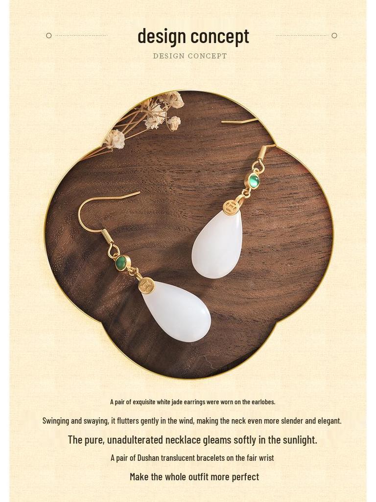 Chinese-Style Hanfu Cheongsam Chalcedony Tassel Earrings - Imitation Jade Retro Dangle for Women